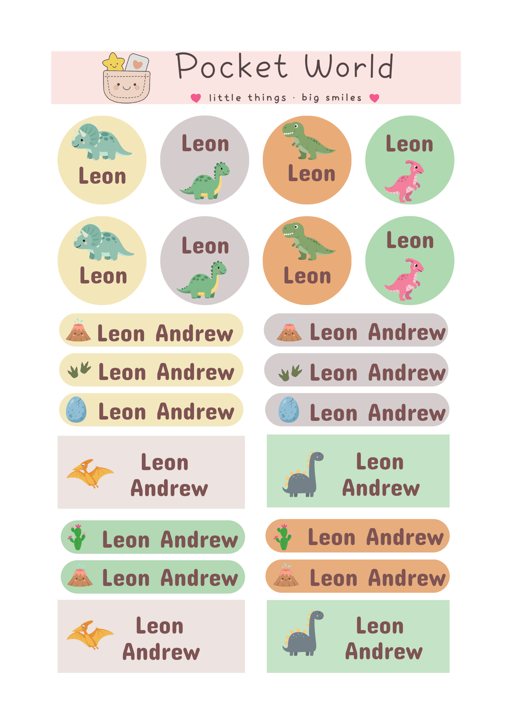 Custom Kids Name Stickers- Dinosaur Series (44 Pack)