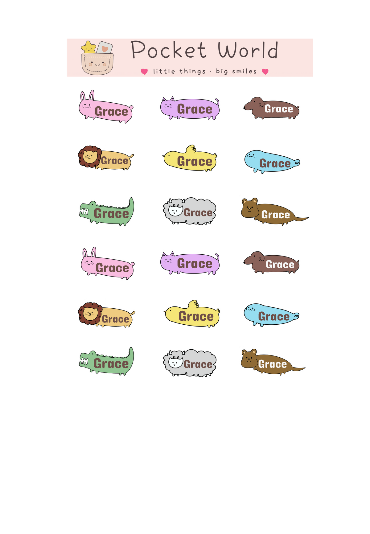 Waterproof Name Stickers – Long Animal Series